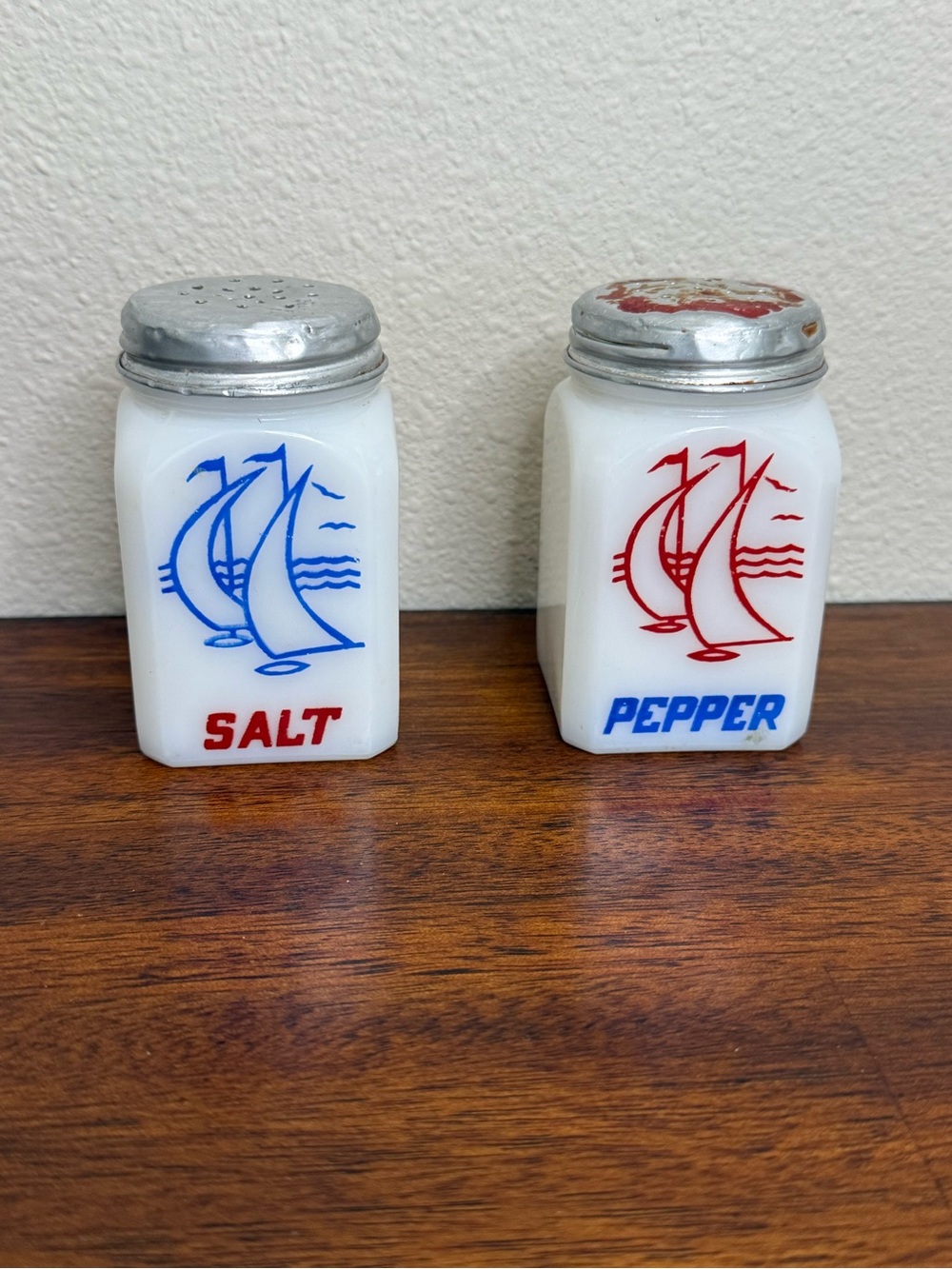 Vintage Milk glass Nautical Sail boat salt and pepper shakers USA